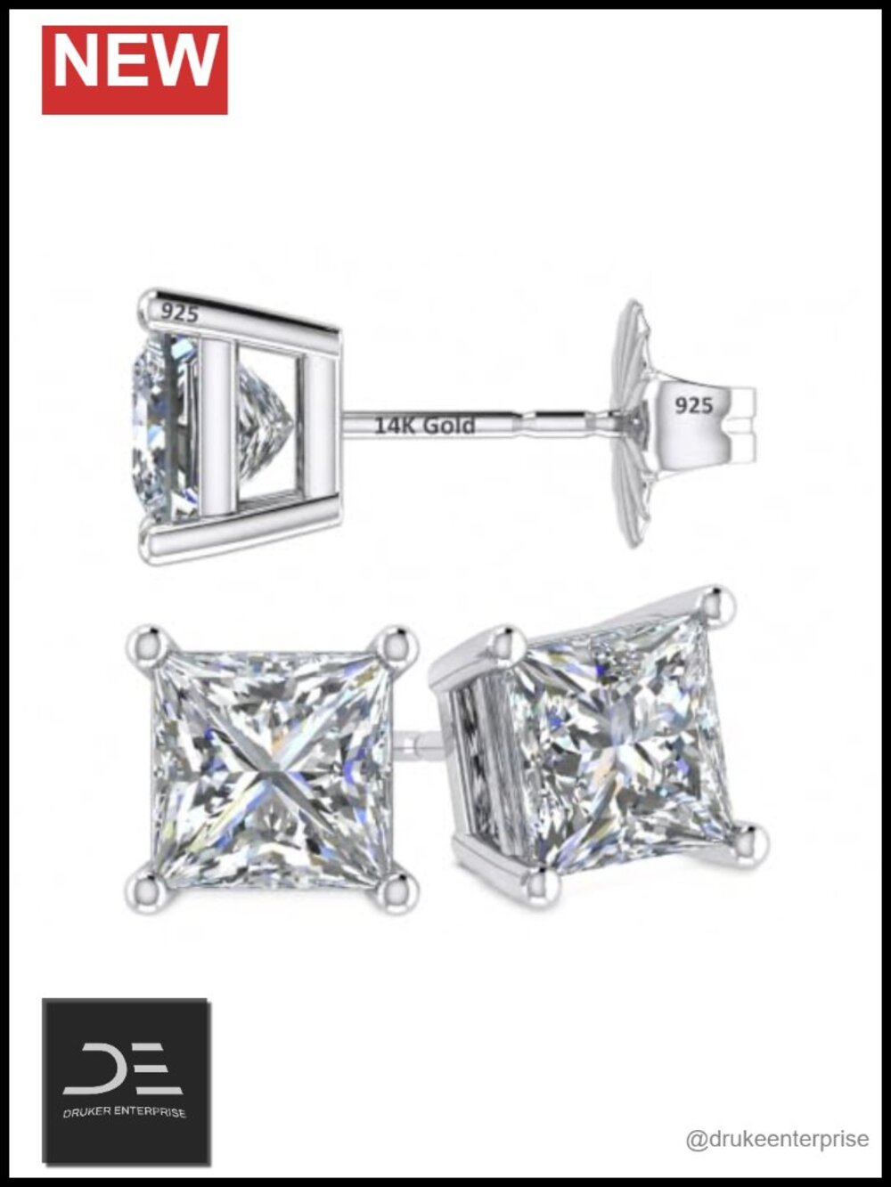 14K Gold Post Sterling Silver Swarovski Zirconia Princess Stud Earrings 4ct